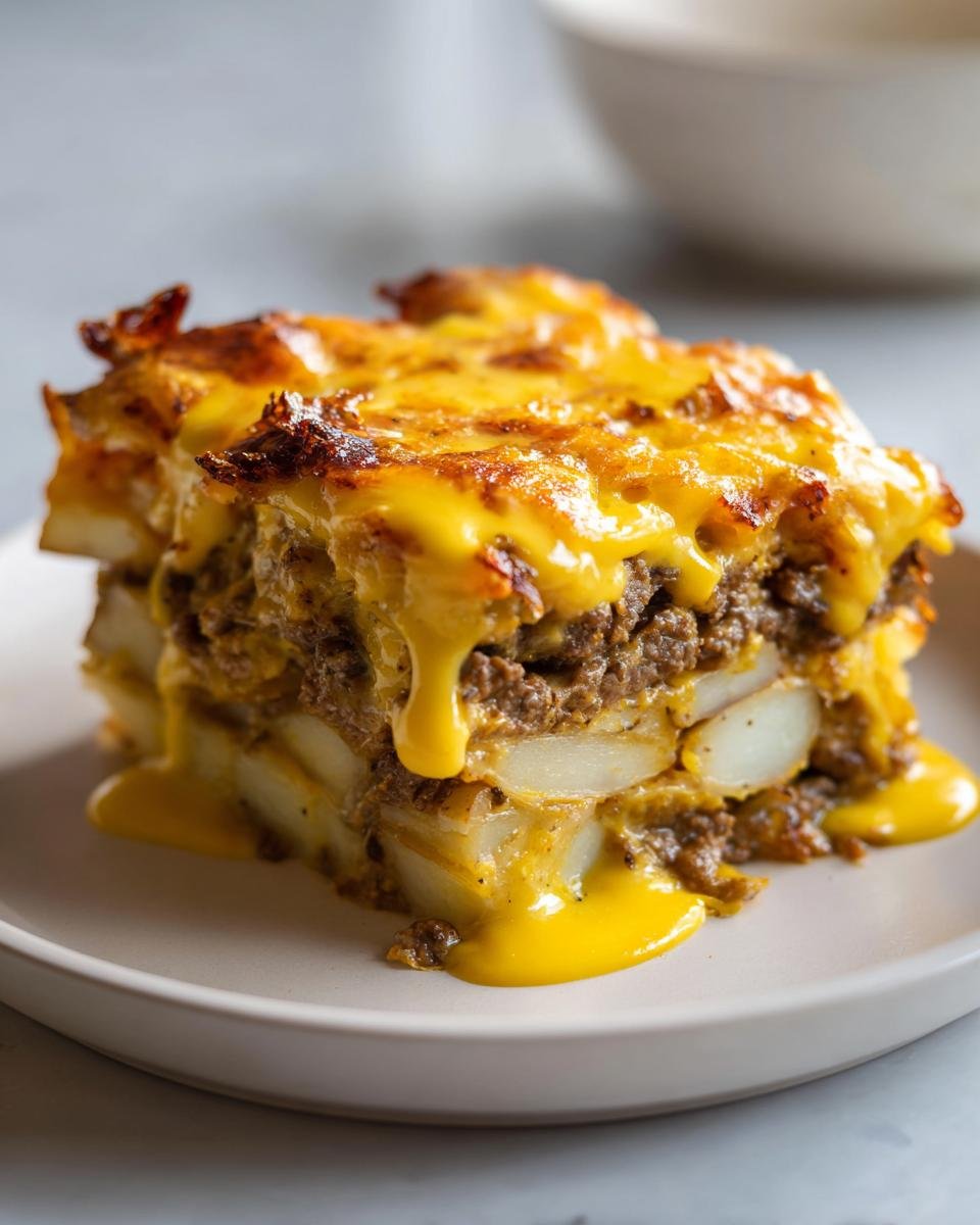 Ein saftiges Stück Gyrosauflauf mit Hollandaise, geschichteten Kartoffeln und Hackfleisch auf einem Teller.