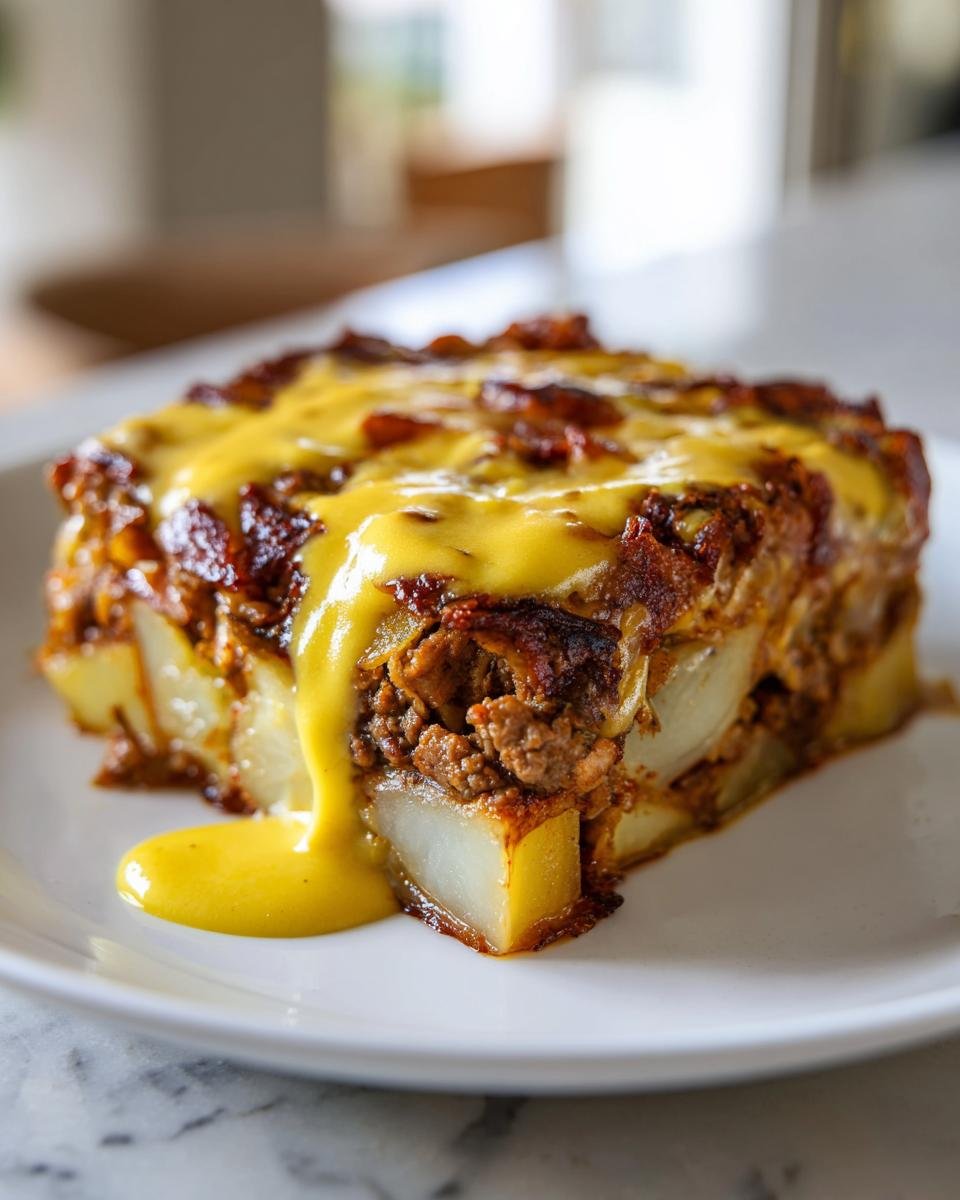 Ein Stück Gyrosauflauf mit Hollandaise auf einem weißen Teller, geschichtet mit Kartoffeln und Hackfleisch.