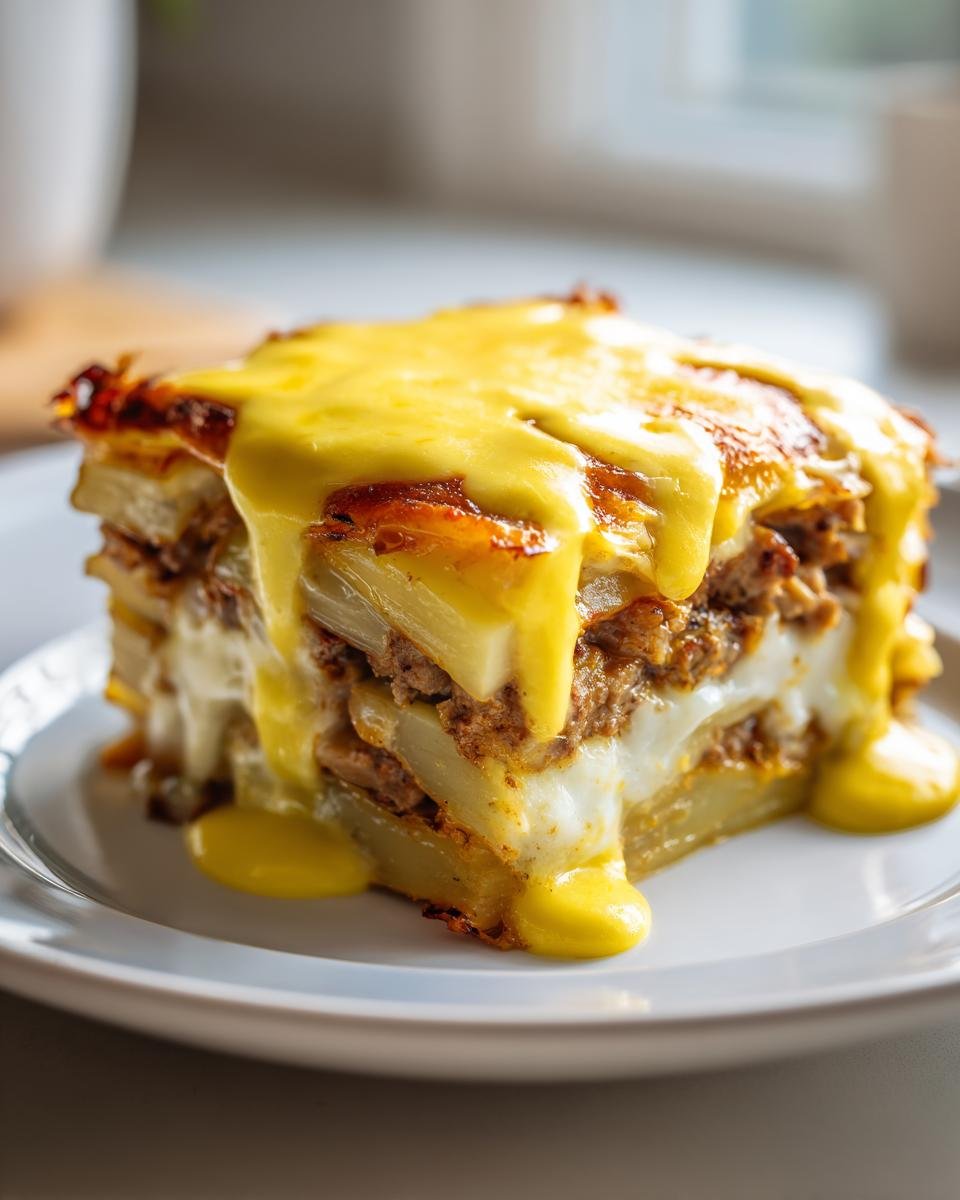 Ein großes Stück Gyrosauflauf mit Hollandaise, geschichtet mit Kartoffeln und Hackfleisch auf einem weißen Teller.