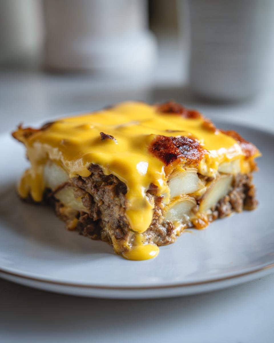 Ein saftiges Stück Gyrosauflauf mit Hollandaise, geschichtet mit Hackfleisch und Kartoffeln, bedeckt mit geschmolzenem Käse.