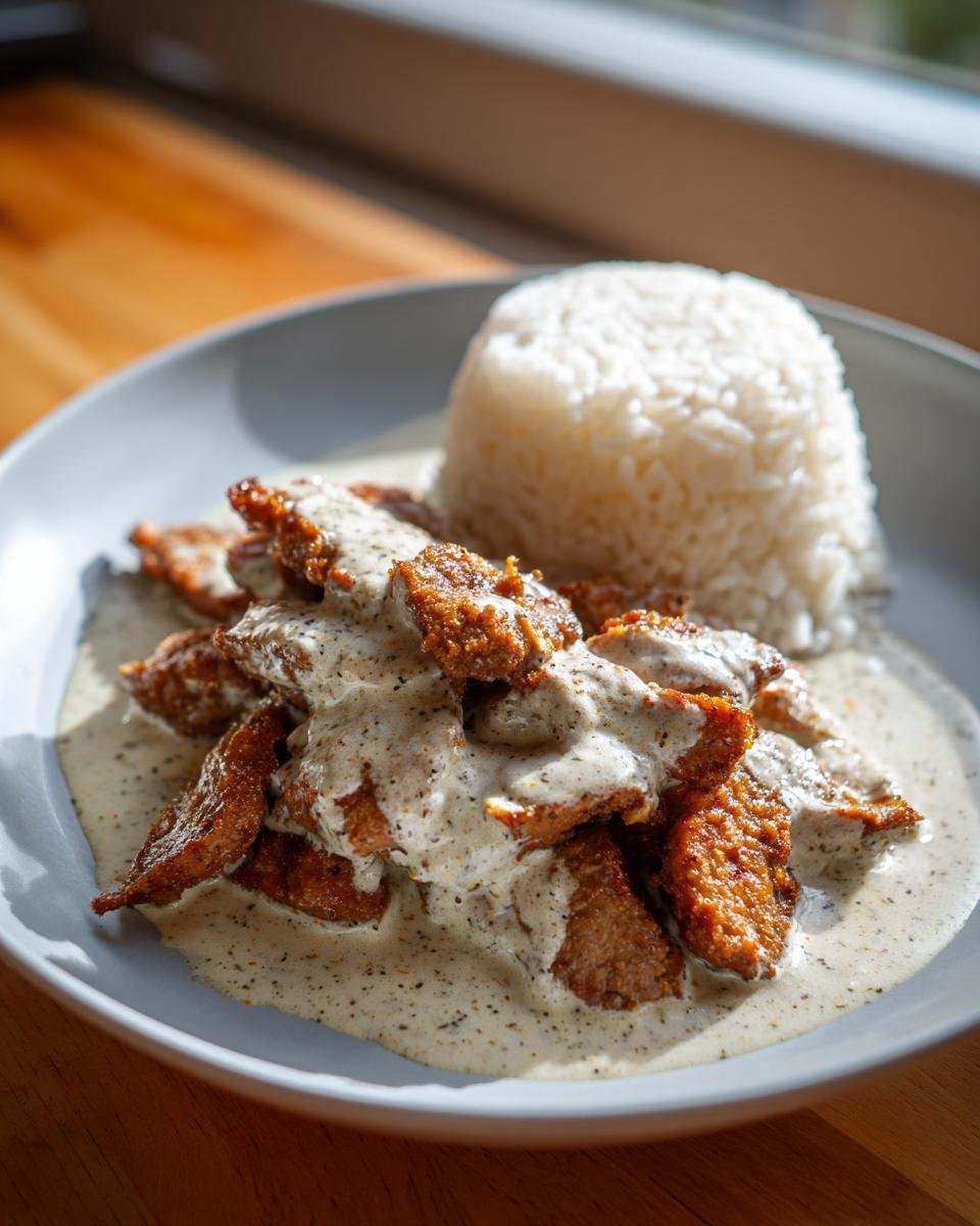 Gebratenes Gyrosgeschnetzeltes in cremiger Schmandsoße mit Reis auf einem grauen Teller.