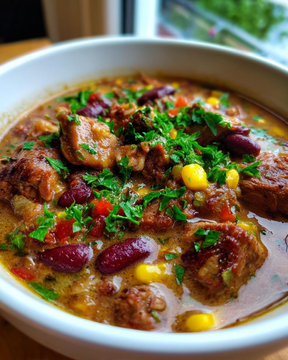 Nahaufnahme einer reichhaltigen Gyrossuppe ganz einfach mit Fleischstücken, roten Bohnen, Mais und frischer Petersilie in einer weißen Schüssel.