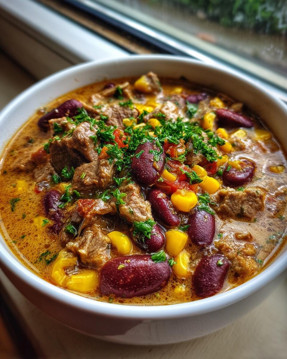 Nahaufnahme einer Schüssel mit Gyrossuppe ganz einfach, gefüllt mit Fleischstücken, roten Bohnen, Mais und Petersilie.