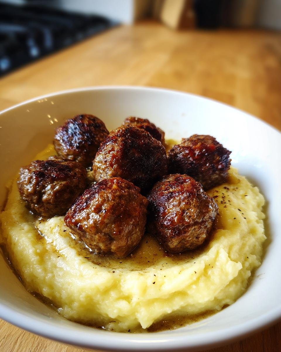 Nahaufnahme von saftigen Hackbällchen mit Kartoffelpüree und Bratensaft in einer weißen Schüssel.