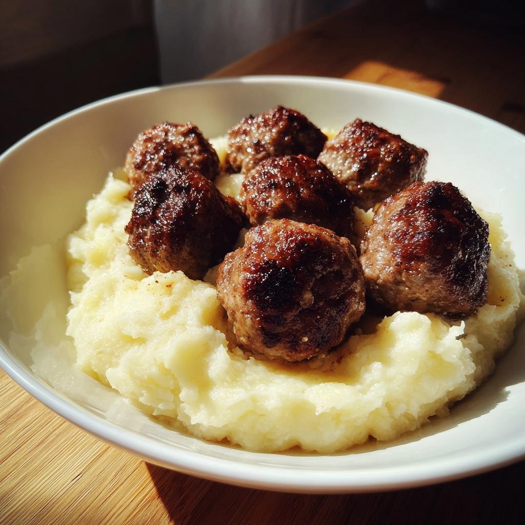 Nahaufnahme von saftigen Hackbällchen auf cremigem Kartoffelpüree in einer weißen Schüssel.