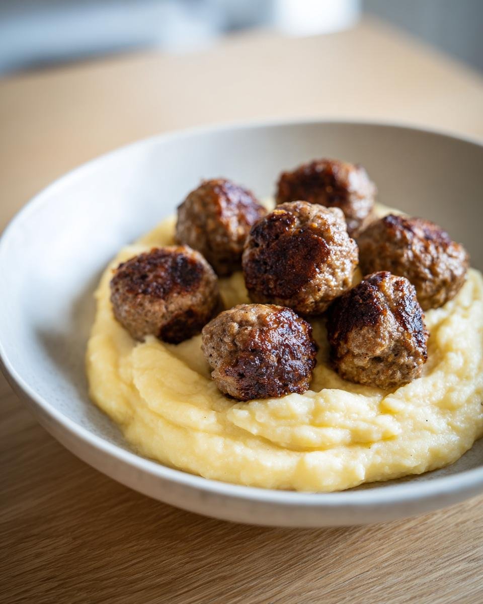 Nahaufnahme von saftigen Hackbällchen auf cremigem Kartoffelpüree in einer weißen Schüssel.