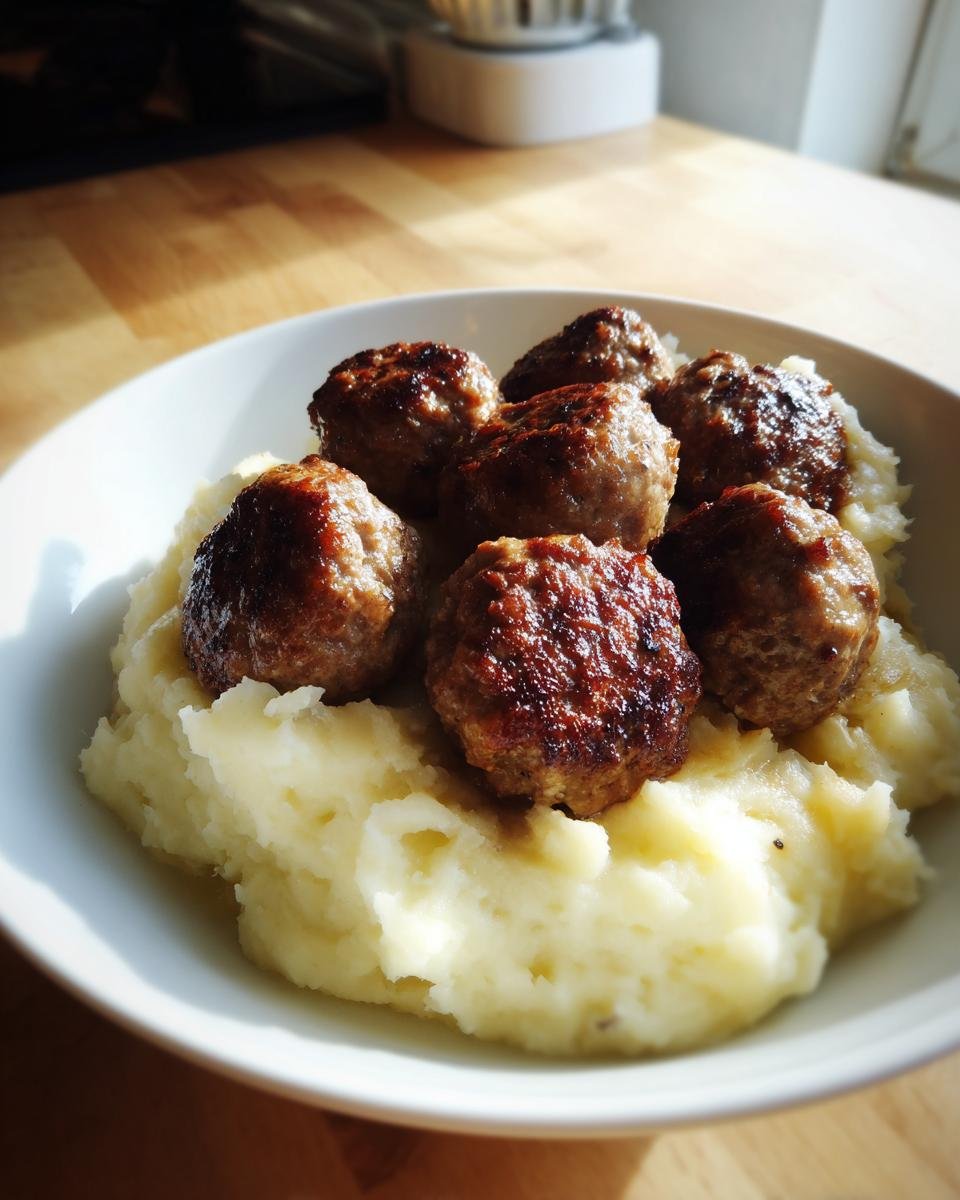 Dunkel gebratene Hackbällchen auf cremigem Kartoffelpüree in einer weißen Schüssel.