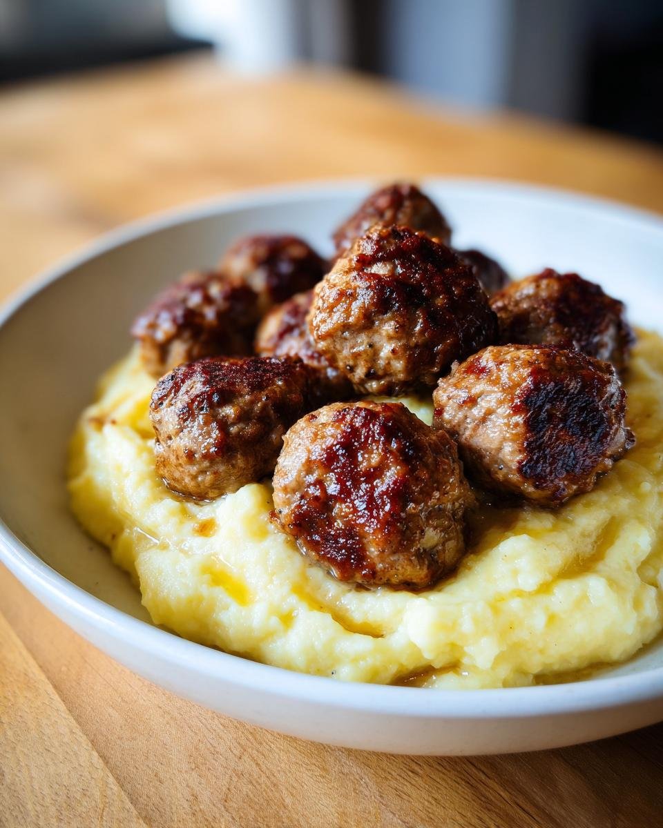 Eine Nahaufnahme von saftigen, gebratenen Hackbällchen auf cremigem Kartoffelpüree in einer weißen Schüssel.