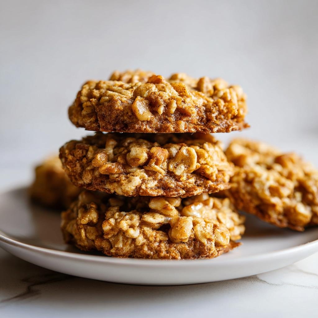 Drei goldbraune Haferflocken-Walnuss-Taler sind auf einem weißen Teller gestapelt.