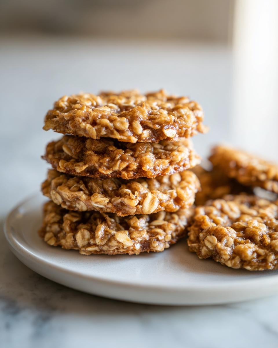 Stapel von vier saftigen Haferflocken-Walnuss-Taler auf einem hellen Teller.
