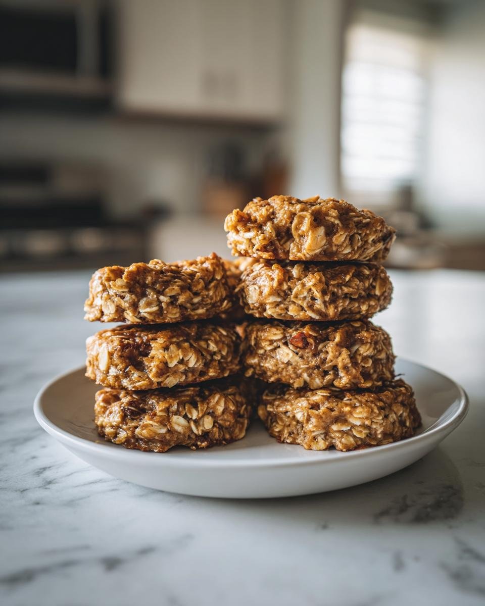 Stapel von selbstgemachten Haferflocken-Walnuss-Taler auf einem weißen Teller, angerichtet auf einer Marmoroberfläche.