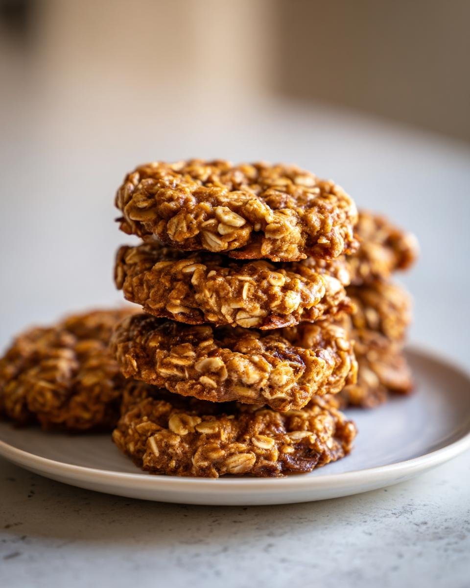 Ein Stapel von vier saftigen Haferflocken-Walnuss-Taler auf einem hellen Teller.