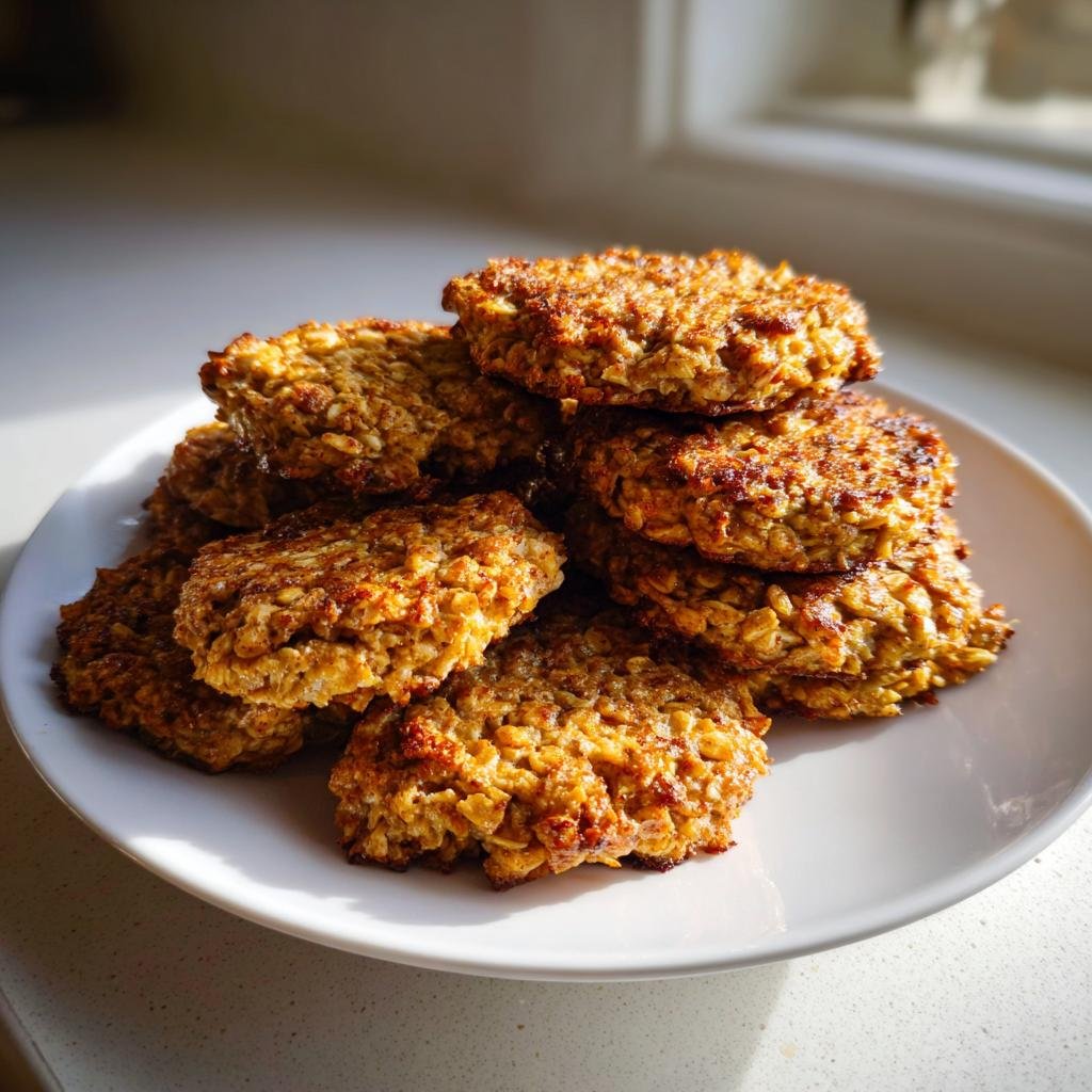 Stapel von goldbraunen Haferflocken-Walnuss-Taler auf einem weißen Teller, appetitlich gebacken.