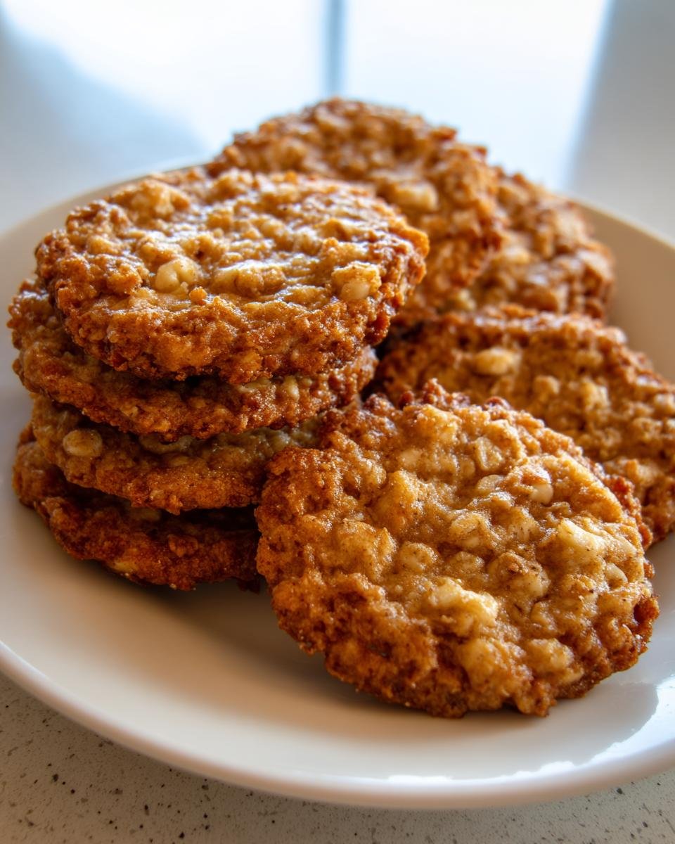 Nahaufnahme von gestapelten, goldbraunen Haferflocken-Walnuss-Taler auf einem weißen Teller.