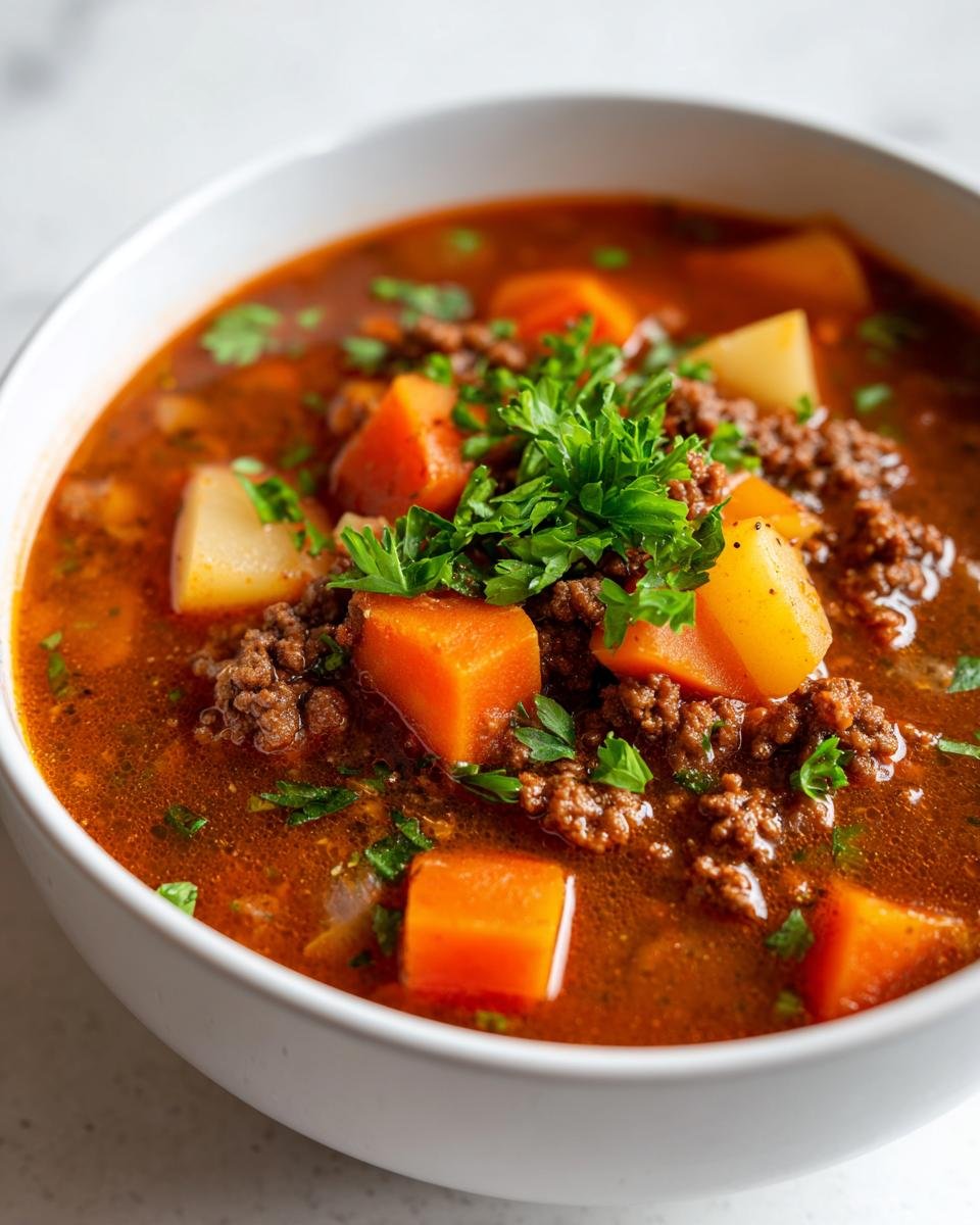 Nahaufnahme einer Schüssel Hamburger Suppe mit 500g Hackfleisch, Karottenwürfeln und Petersilie.