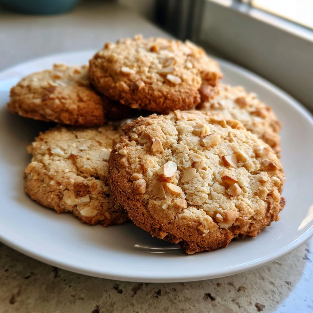 Nahaufnahme von mehreren goldbraunen Haselnussplätzchen, bestreut mit gehackten Nüssen, auf einem weißen Teller.
