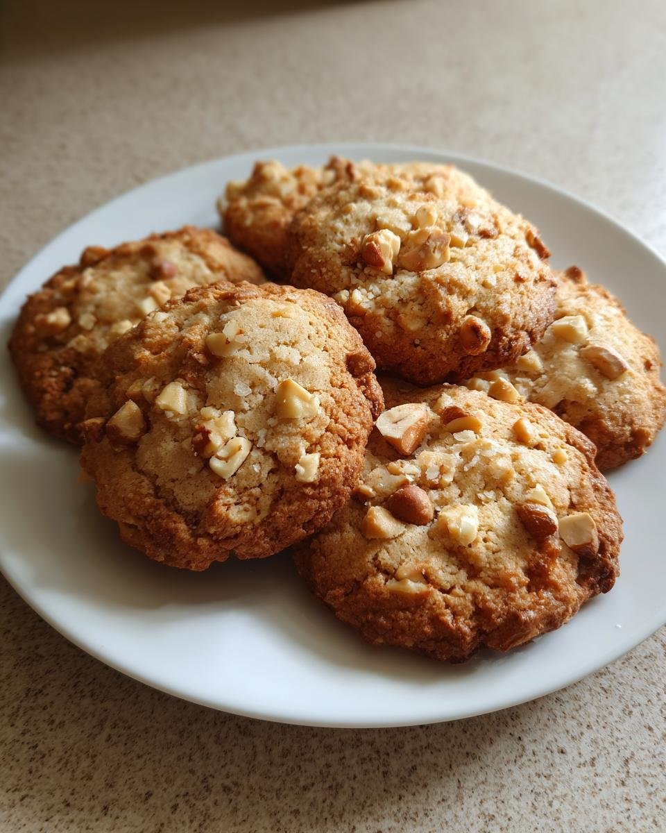 Fünf goldbraune Haselnussplätzchen, reichlich mit gehackten Haselnüssen belegt, auf einem weißen Teller.