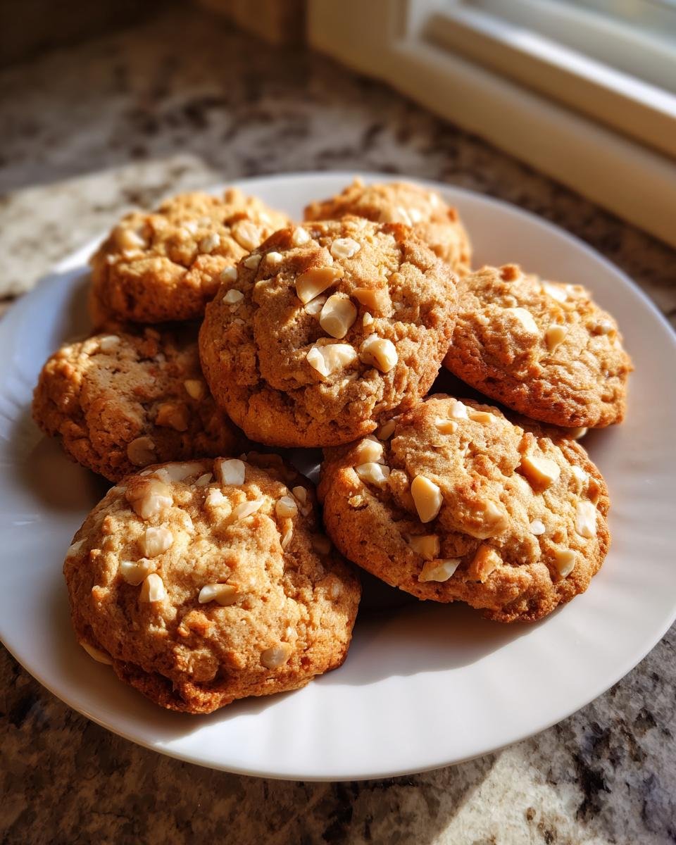 Ein Stapel goldbrauner Haselnussplätzchen mit sichtbaren Haselnussstücken auf einem weißen Teller.