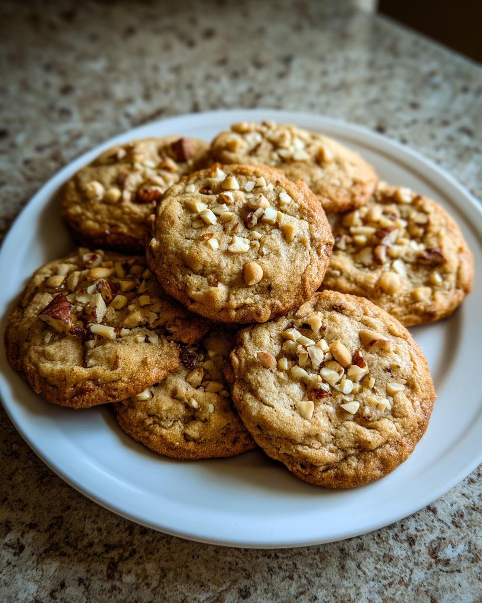 Ein Stapel frisch gebackener Haselnussplätzchen, bestreut mit gehackten Nüssen, auf einem weißen Teller.