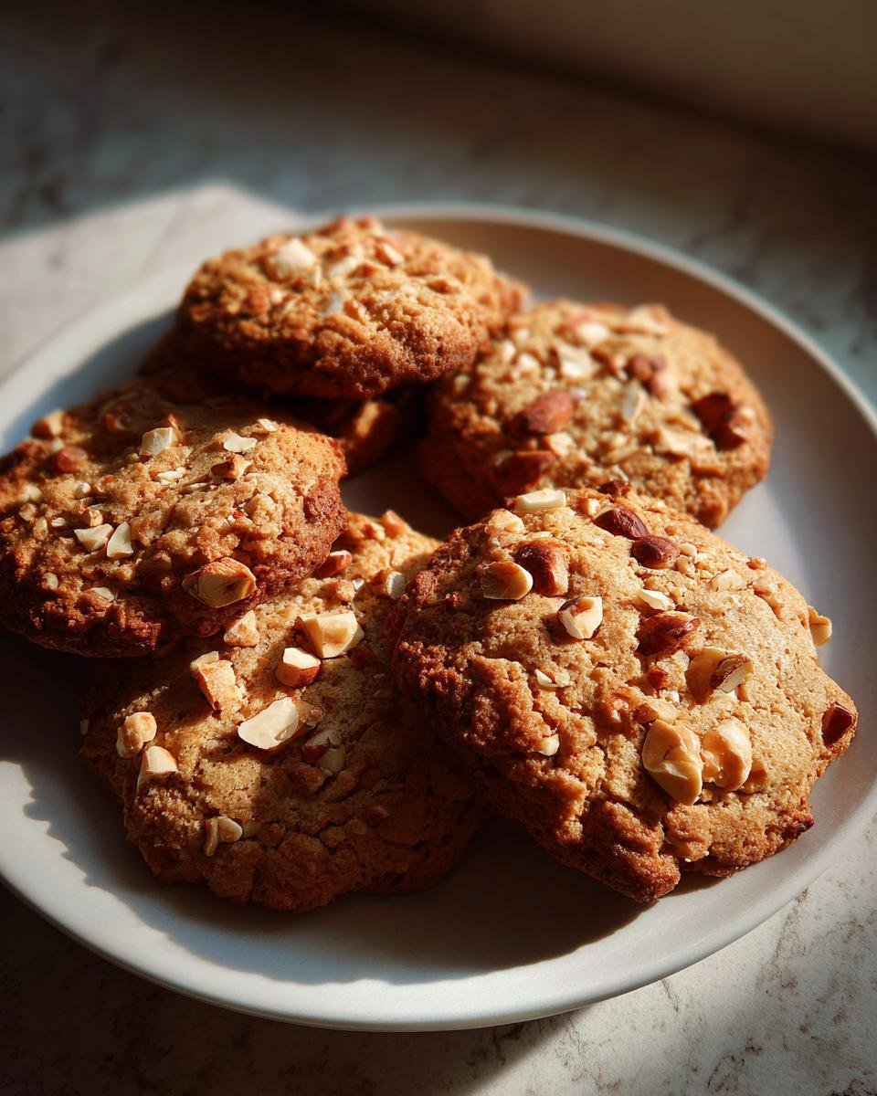 Ein Stapel goldbrauner Haselnussplätzchen, bestreut mit gehackten Nüssen, auf einem hellen Teller.