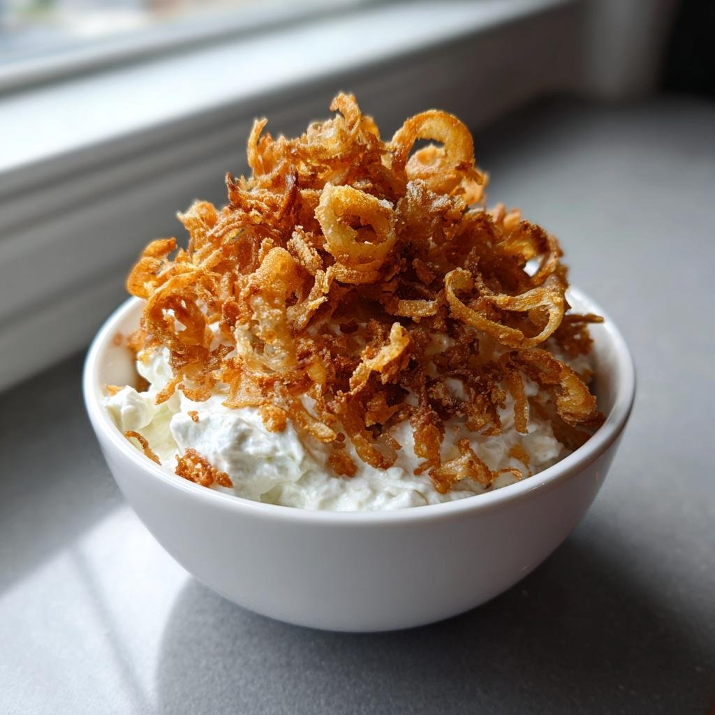 Weißes Schälchen mit cremigem Hausgemachter Zwiebeldip, bedeckt mit einem Berg goldbrauner, knuspriger Röstzwiebeln.