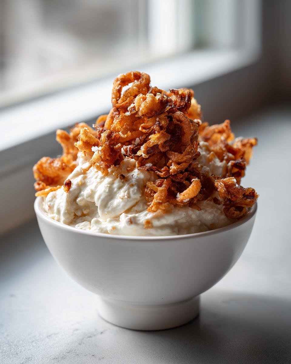 Weißes Schälchen mit cremigem Hausgemachter Zwiebeldip, reichlich belegt mit knusprigen Röstzwiebeln.
