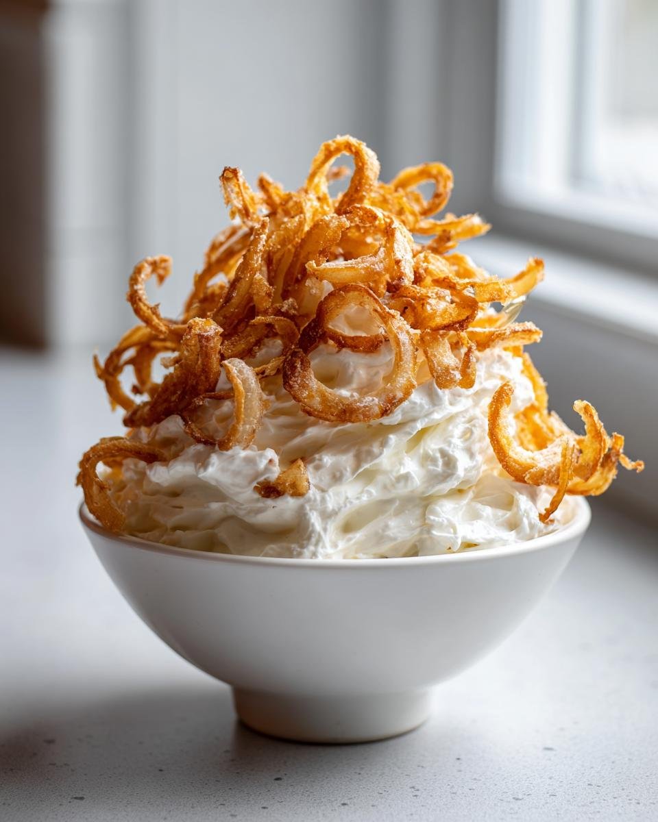 Weißer Dip in einer Schale, bedeckt mit einer großen Menge knuspriger Röstzwiebeln für den Hausgemachter Zwiebeldip.