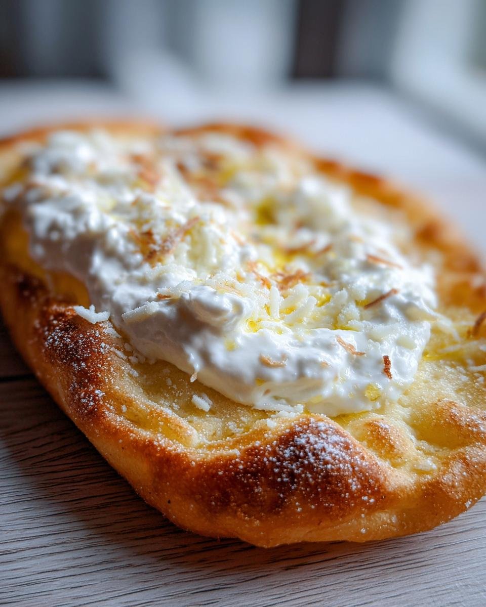 Nahaufnahme eines fertigen HEISSLUFTFRITTEUSE LANGOS, belegt mit saurer Sahne und geriebenem Käse.