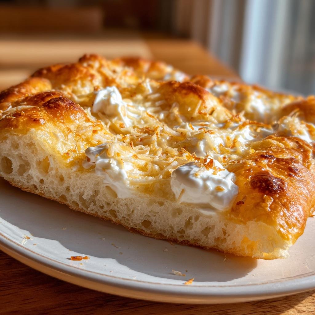 Süße HEISSLUFTFRITTEUSE LANGOS mit goldbraun gebackenem Käse und Klecksen von weißer Creme auf einem Teller.