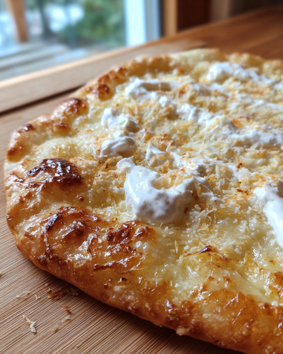 Nahaufnahme eines goldbraun gebackenen HEISSLUFTFRITTEUSE LANGOS, belegt mit geschmolzenem Käse und Klecksen Sauerrahm.