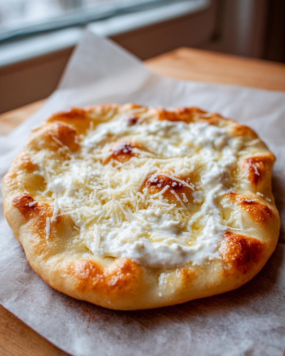 Ein frisch zubereitetes Langos mit Käse und Quark, das in der Heissluftfritteuse zubereitet wurde.