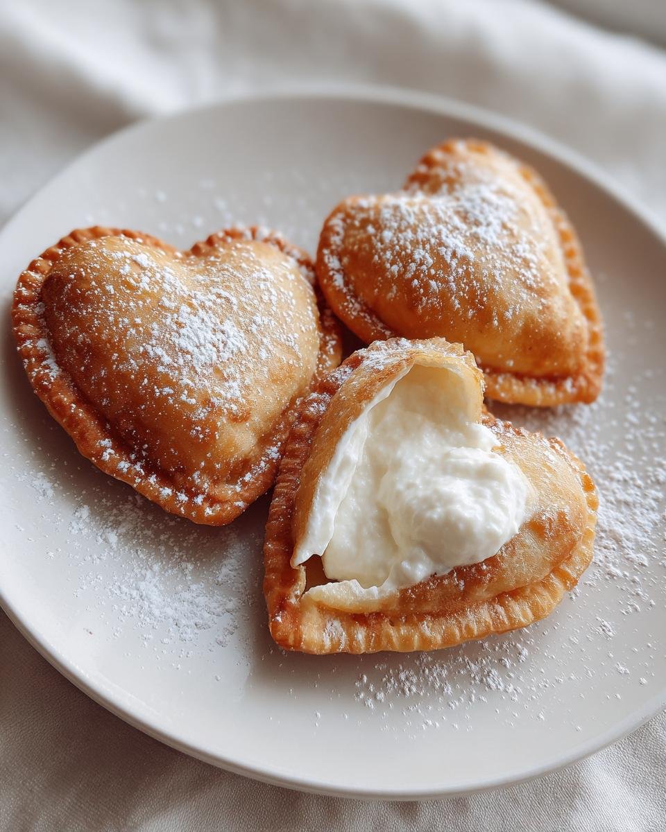 Drei goldbraune, herzförmige Teigtaschen, bestäubt mit Puderzucker, auf einem Teller. Eine der Herzform Teigtaschen Valentinstag ist aufgerissen und zeigt eine cremige Füllung.