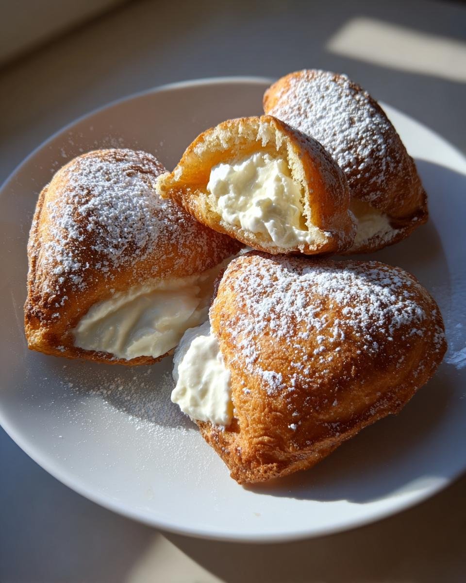 Drei frittierte, herzförmige Teigtaschen, gefüllt mit weißer Creme und bestäubt mit Puderzucker.