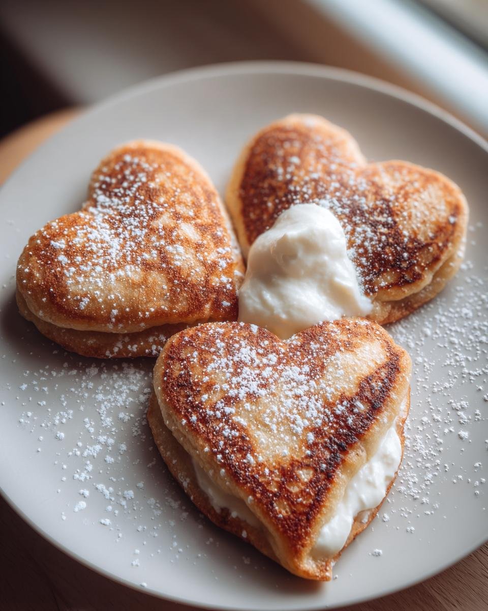 Drei herzförmige Teigtaschen, gefüllt und bestäubt mit Puderzucker, als Valentinstagsrezept.