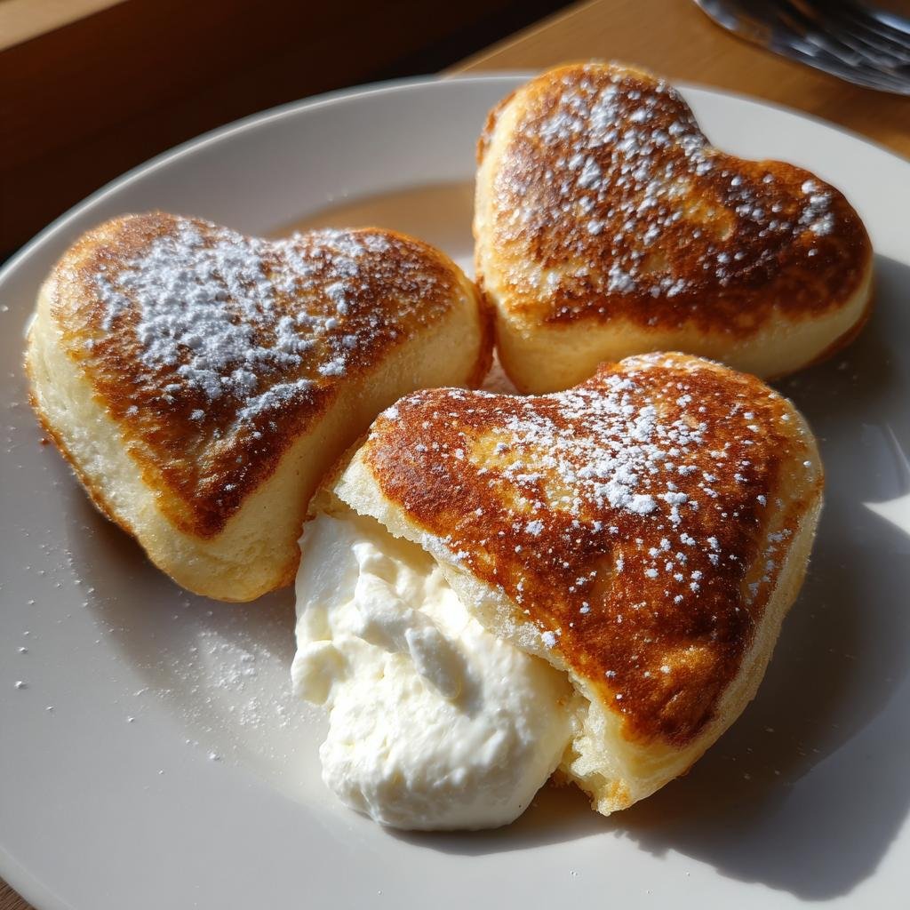 Drei goldbraune Herzform Teigtaschen Valentinstag, bestäubt mit Puderzucker, auf einem Teller, eine davon gefüllt mit Schlagsahne.