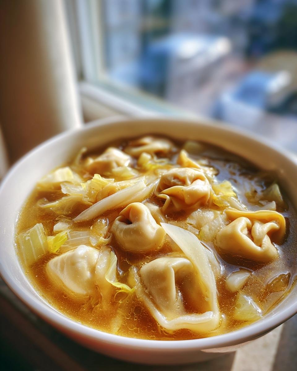 Nahaufnahme einer Schüssel mit herzhafter Tortellini-Kohl-Suppe, gefüllt mit Tortellini und Kohlstücken in goldener Brühe.