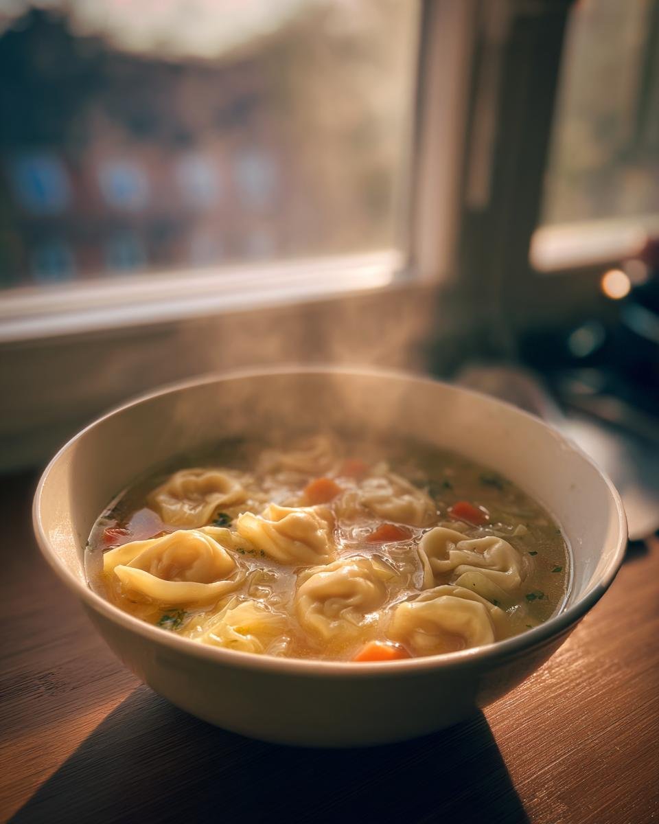 Eine dampfende Schüssel mit Herzhafte Tortellini-Kohl-Suppe, gefüllt mit Tortellini und Karottenstücken, steht im Sonnenlicht.