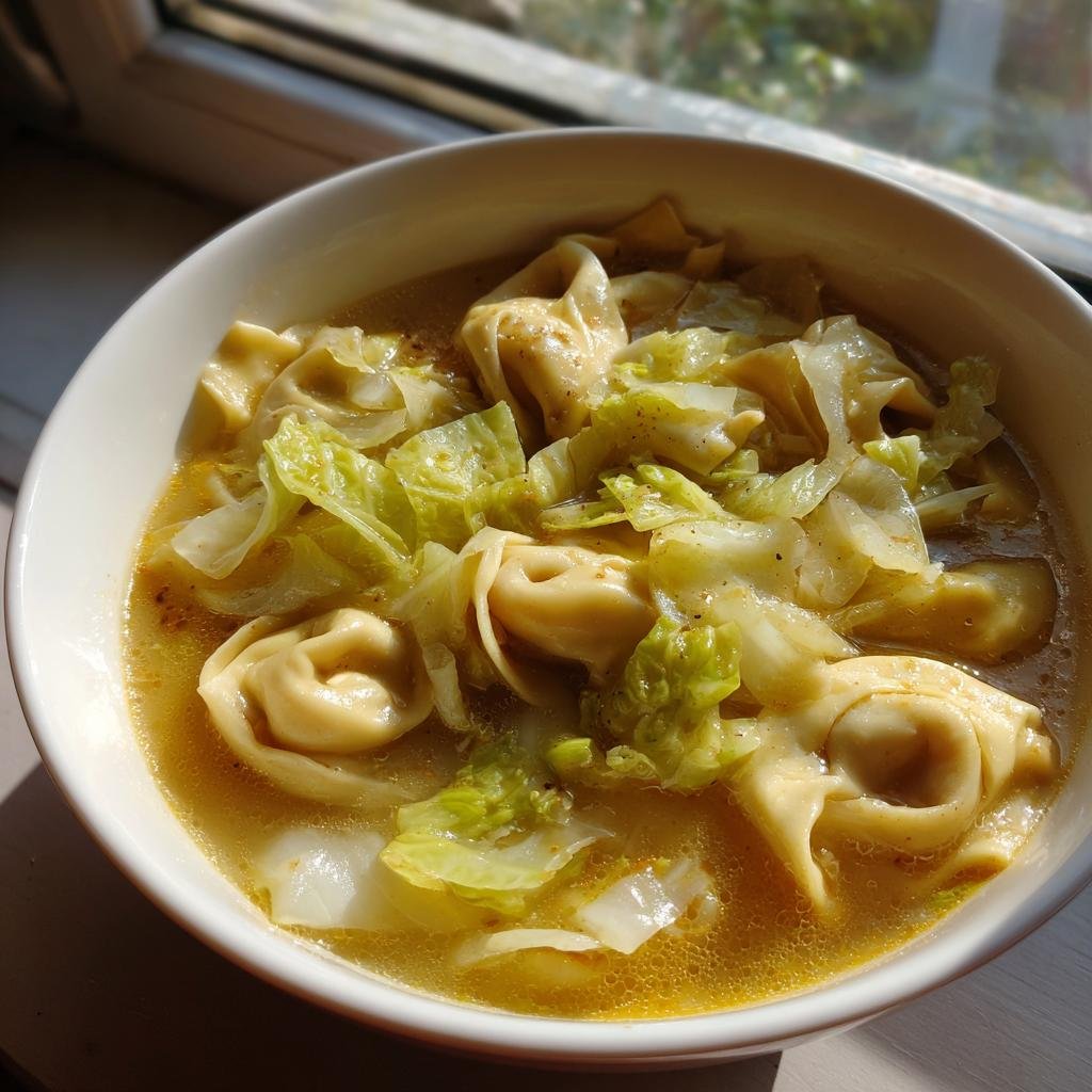 Nahaufnahme einer Schüssel Herzhafte Tortellini-Kohl-Suppe mit viel Kohl und Tortellini in einer gelblichen Brühe.