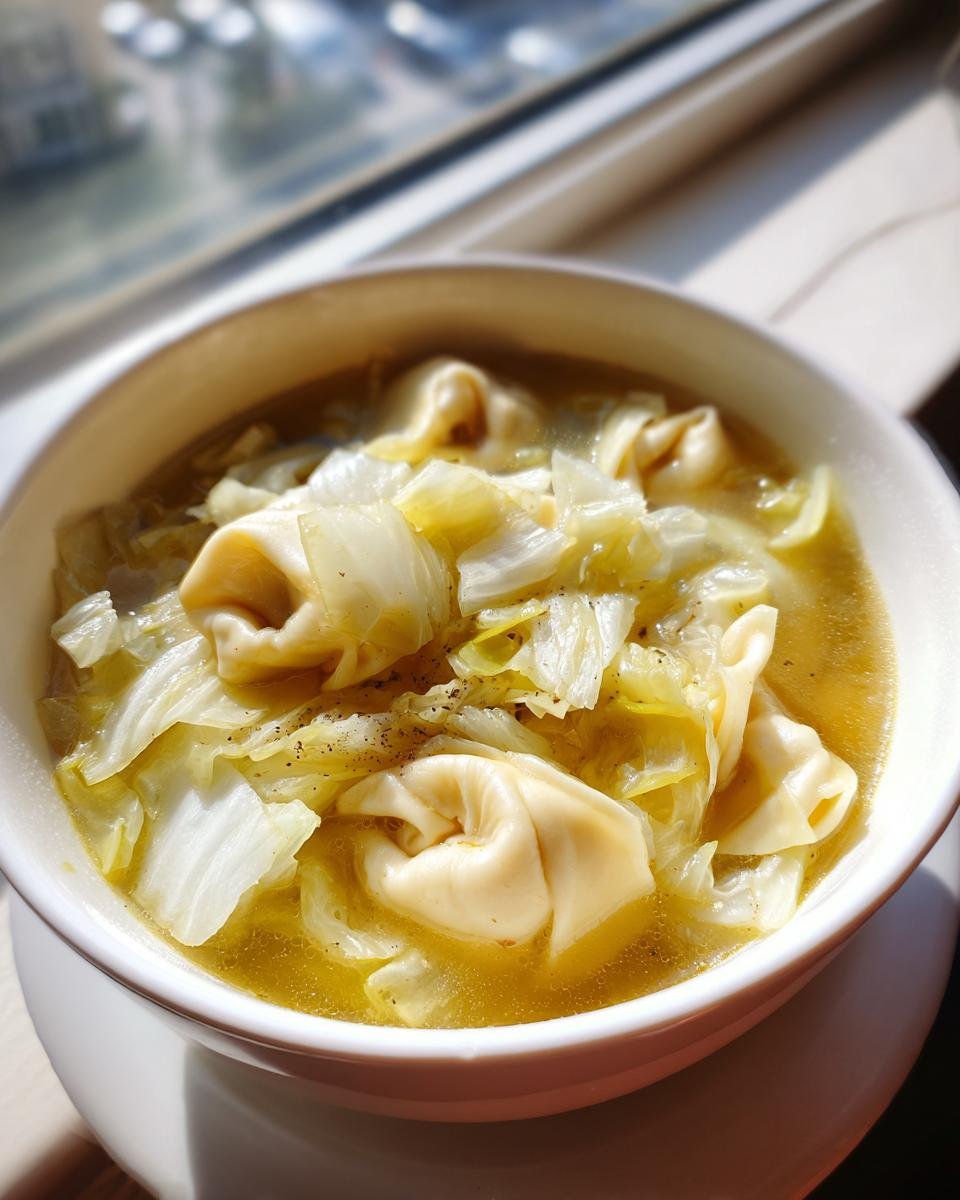 Nahaufnahme einer Schüssel Herzhafte Tortellini-Kohl-Suppe mit viel Kohl und Tortellini in klarer Brühe.