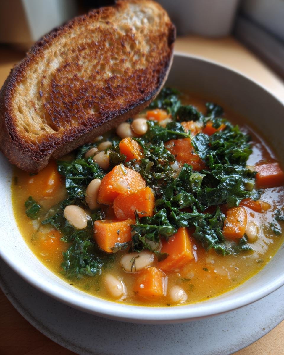 Nahaufnahme einer Schüssel Herzhafte toskanische Suppe mit Kürbis, Grünkohl, weißen Bohnen und einer Scheibe geröstetem Brot.