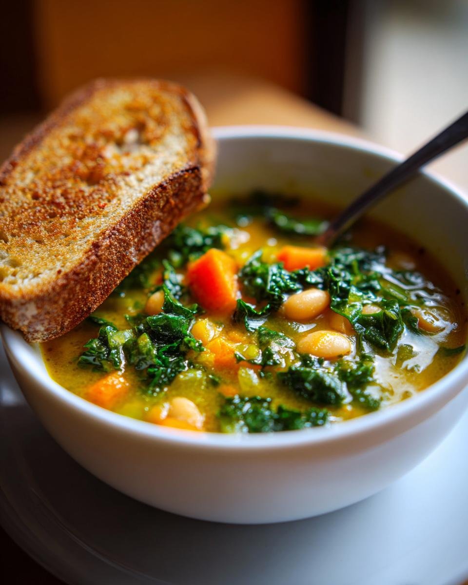 Eine Schüssel mit herzhafter toskanischer Suppe, gefüllt mit Grünkohl, weißen Bohnen und Karotten, serviert mit einer Scheibe geröstetem Brot.