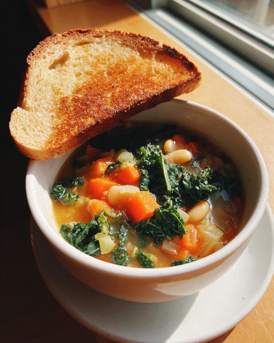 Eine Schüssel Herzhafte toskanische Suppe mit viel Grünkohl, Karotten und weißen Bohnen, dazu eine Scheibe Toast.