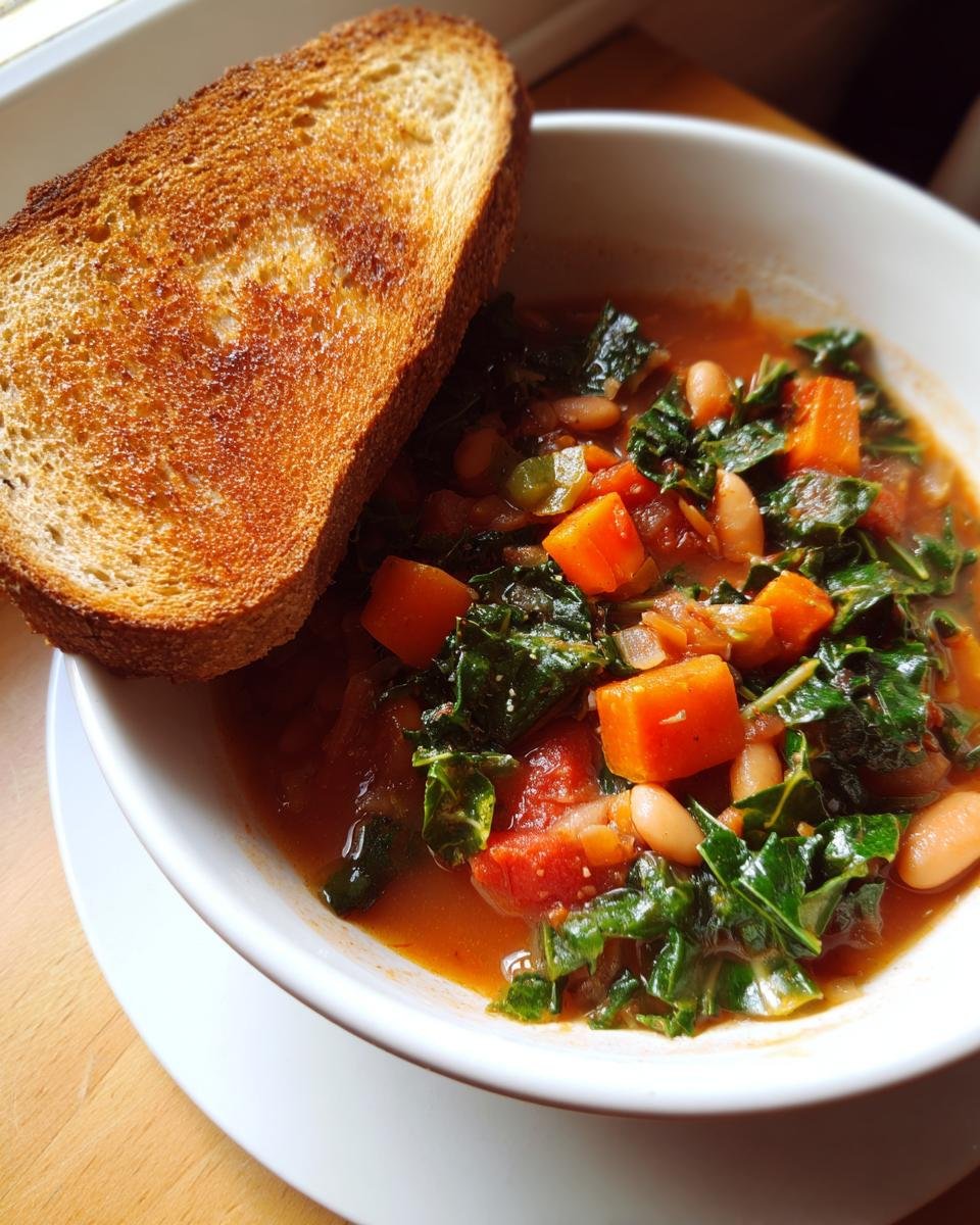 Nahaufnahme einer Schüssel Herzhafte toskanische Suppe mit viel Grünkohl, Karotten und Bohnen, serviert mit einer Scheibe Toast.