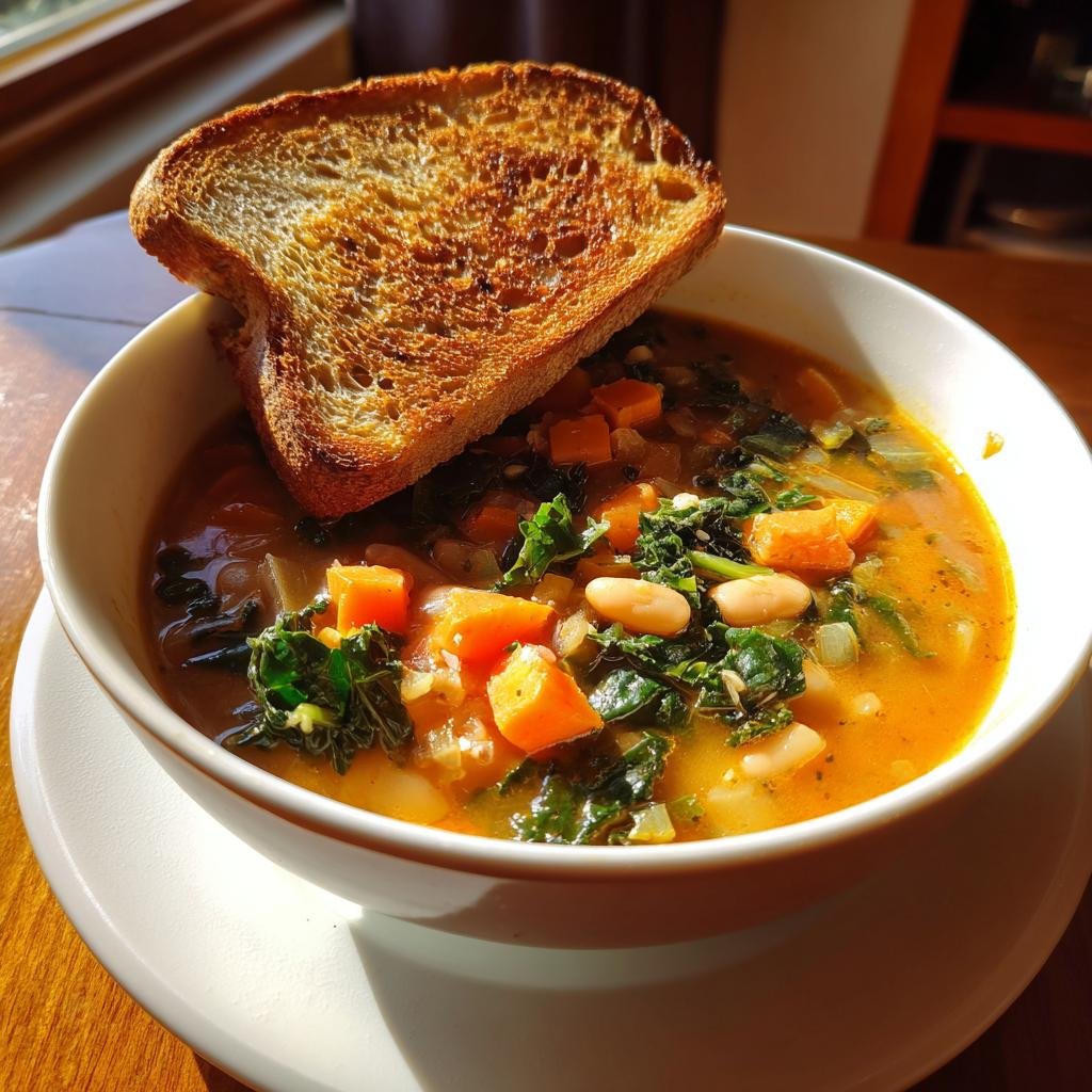 Eine Schüssel Herzhafte toskanische Suppe mit viel Gemüse und weißen Bohnen, garniert mit einer Scheibe Toast.