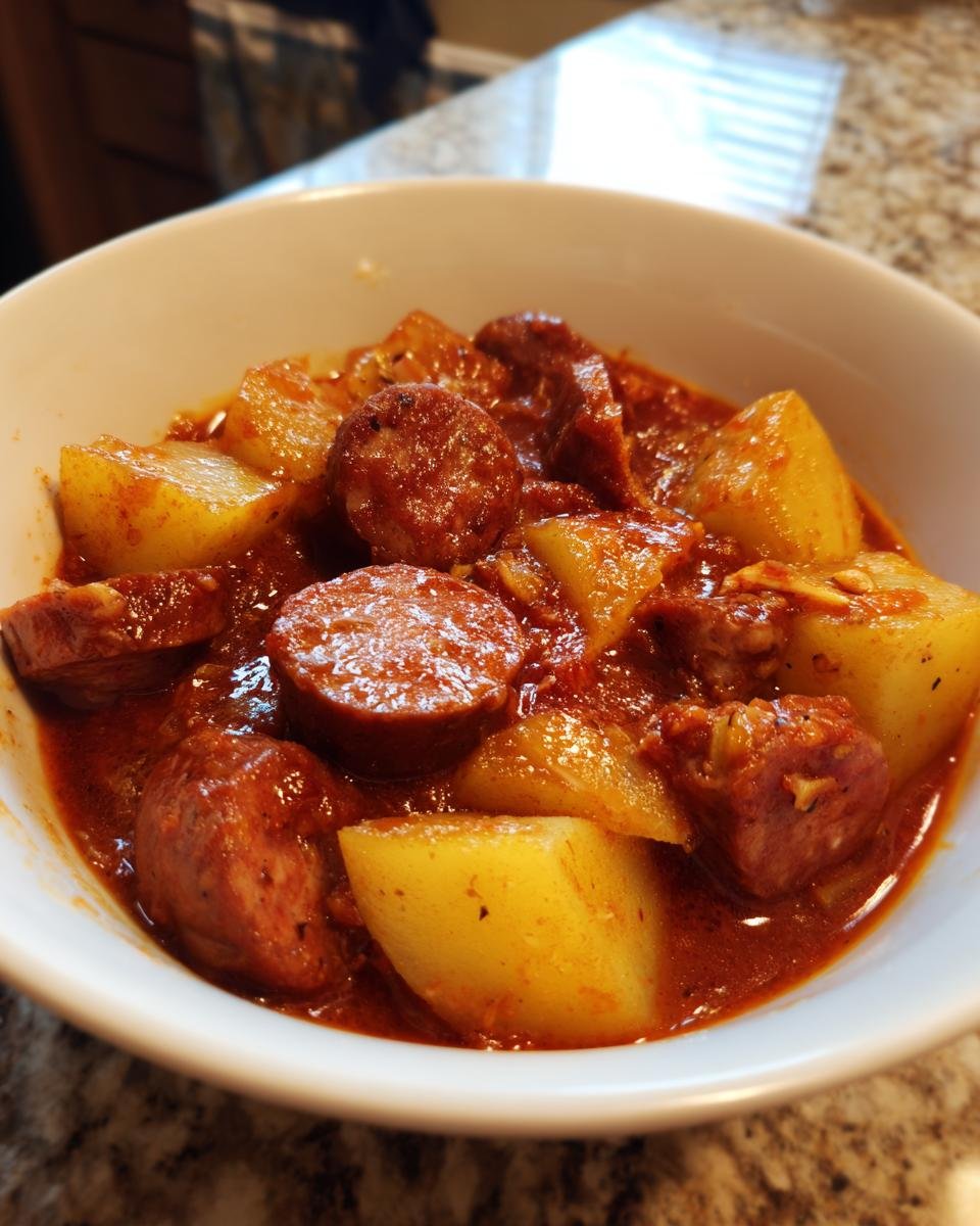 Nahaufnahme einer Portion Herzhaftes Bratwurst-Kartoffel-Gulasch mit dicken Kartoffelstücken und Wurstscheiben in einer roten Sauce.