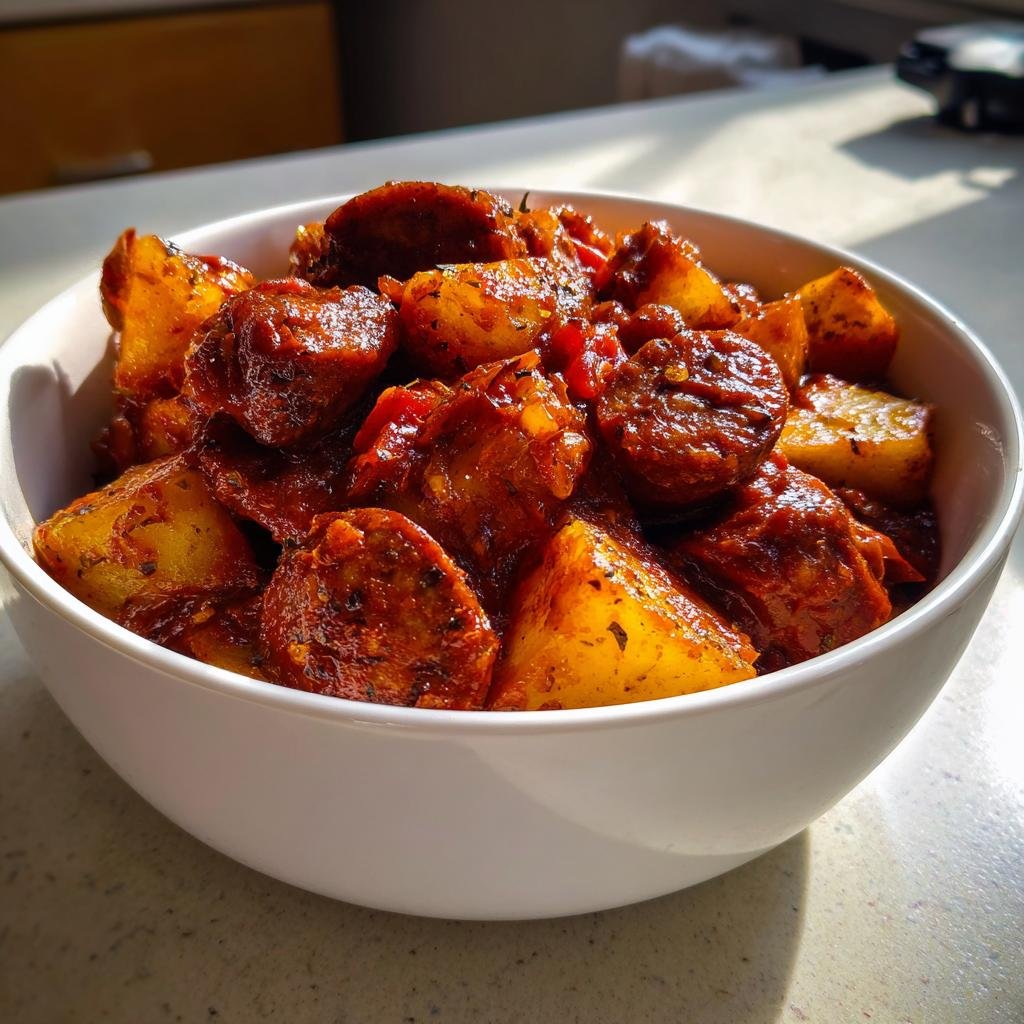 Nahaufnahme von Herzhaftes Bratwurst-Kartoffel-Gulasch mit gebratenen Wurststücken und Kartoffeln in einer weißen Schüssel.