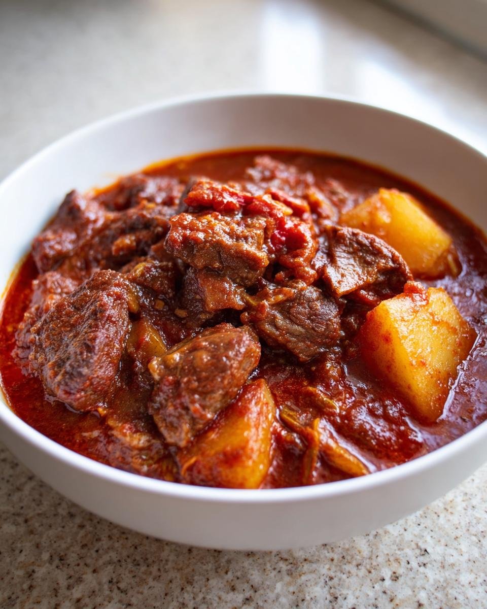 Nahaufnahme von Herzhaftes Bratwurst-Kartoffel-Gulasch mit Fleischstücken und Kartoffeln in einer tiefroten Sauce in einer weißen Schüssel.