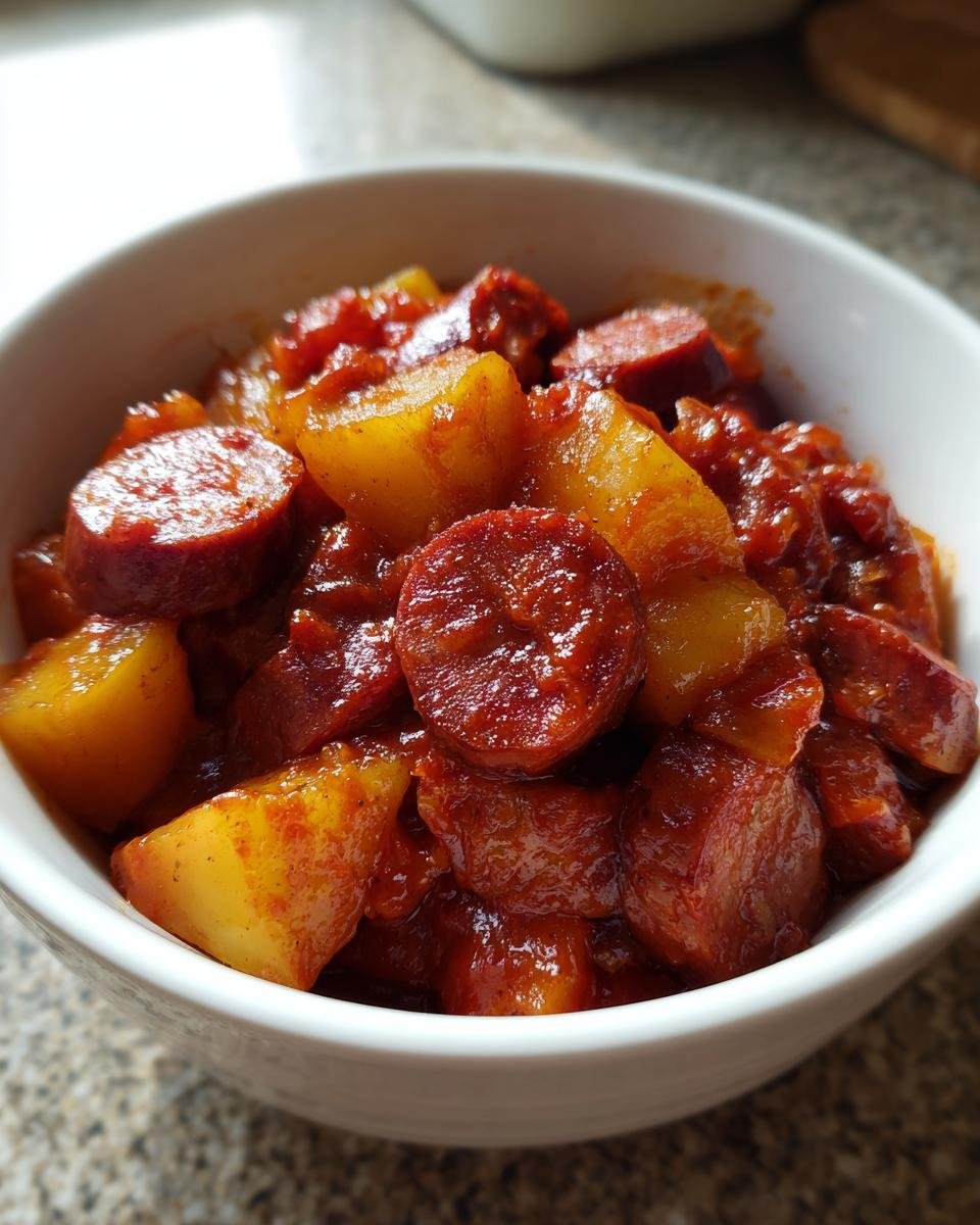 Nahaufnahme von Herzhaftes Bratwurst-Kartoffel-Gulasch mit Wurstscheiben und Kartoffelstücken in einer weißen Schüssel.