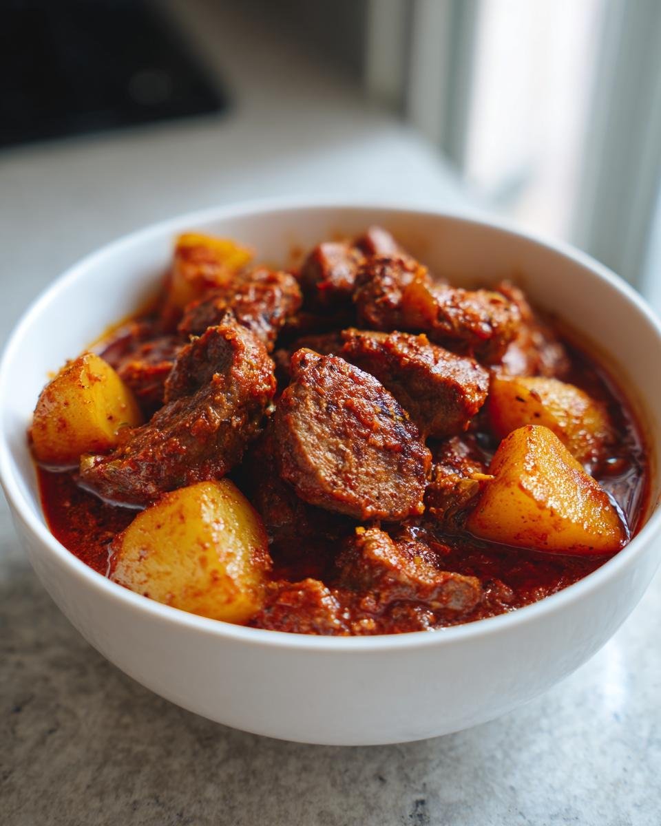 Nahaufnahme von Herzhaftes Bratwurst-Kartoffel-Gulasch mit Fleischstücken und Kartoffeln in einer tiefroten Sauce in einer weißen Schüssel.