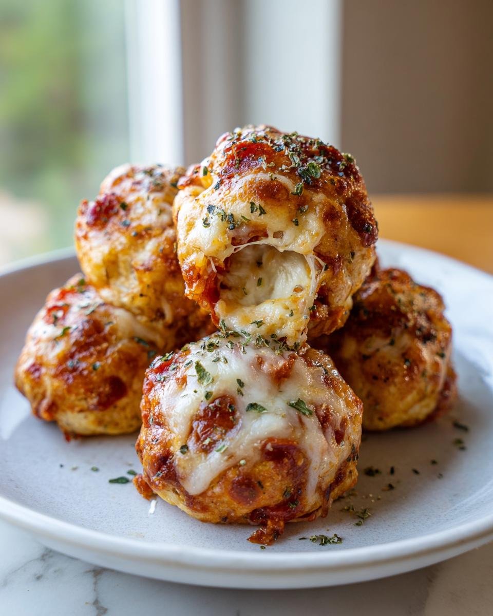Nahaufnahme von gestapelten Herzhaftes Fingerfood Pizza Bällchen mit geschmolzenem Käse und Kräutern.
